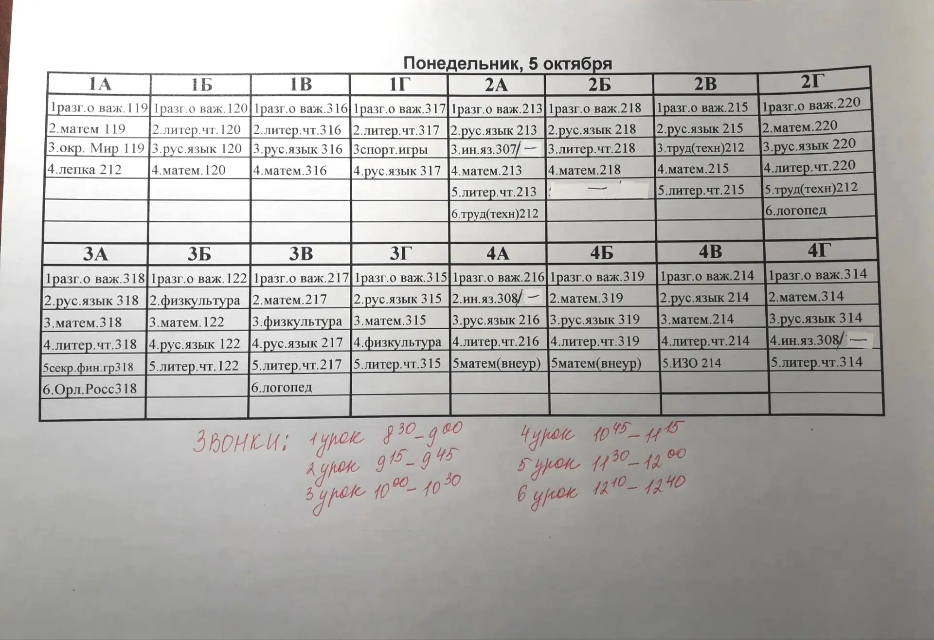 Расписание уроков на понедельник 📝
