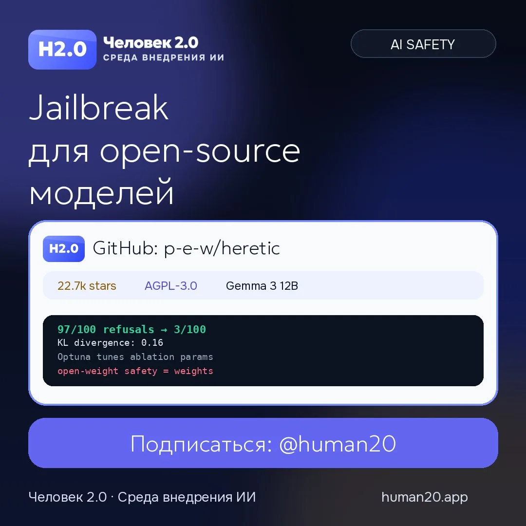 Heretic автоматизирует снятие refusal-поведения у open-weight моделей

На GitHub быстро взлетает Her