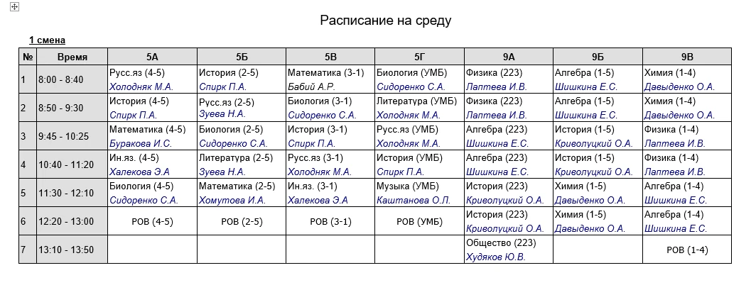 Расписание на 9 сентября
