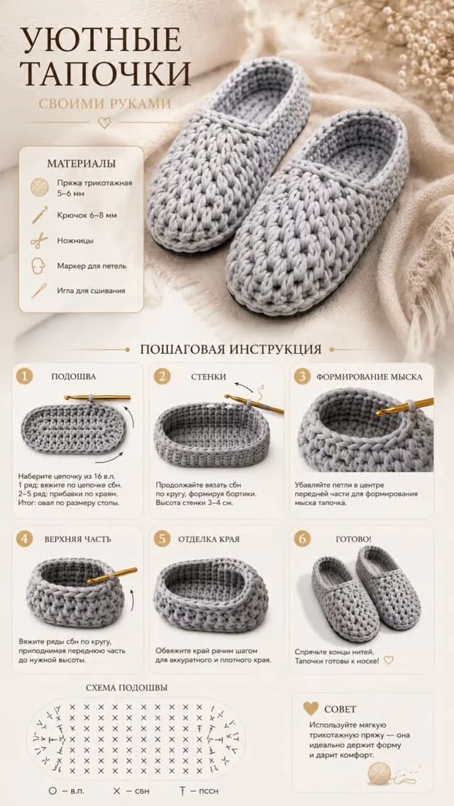Уютные тапочки крючком 👣
