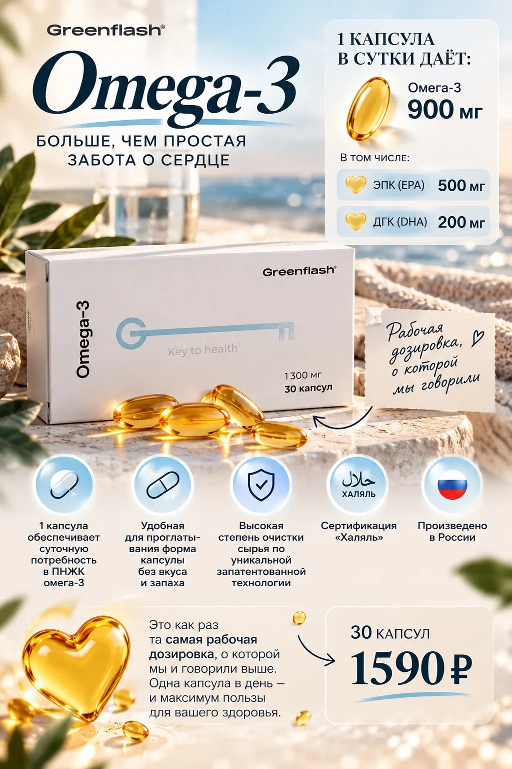 Наша омега-3 одной капсулой в сутки даёт: