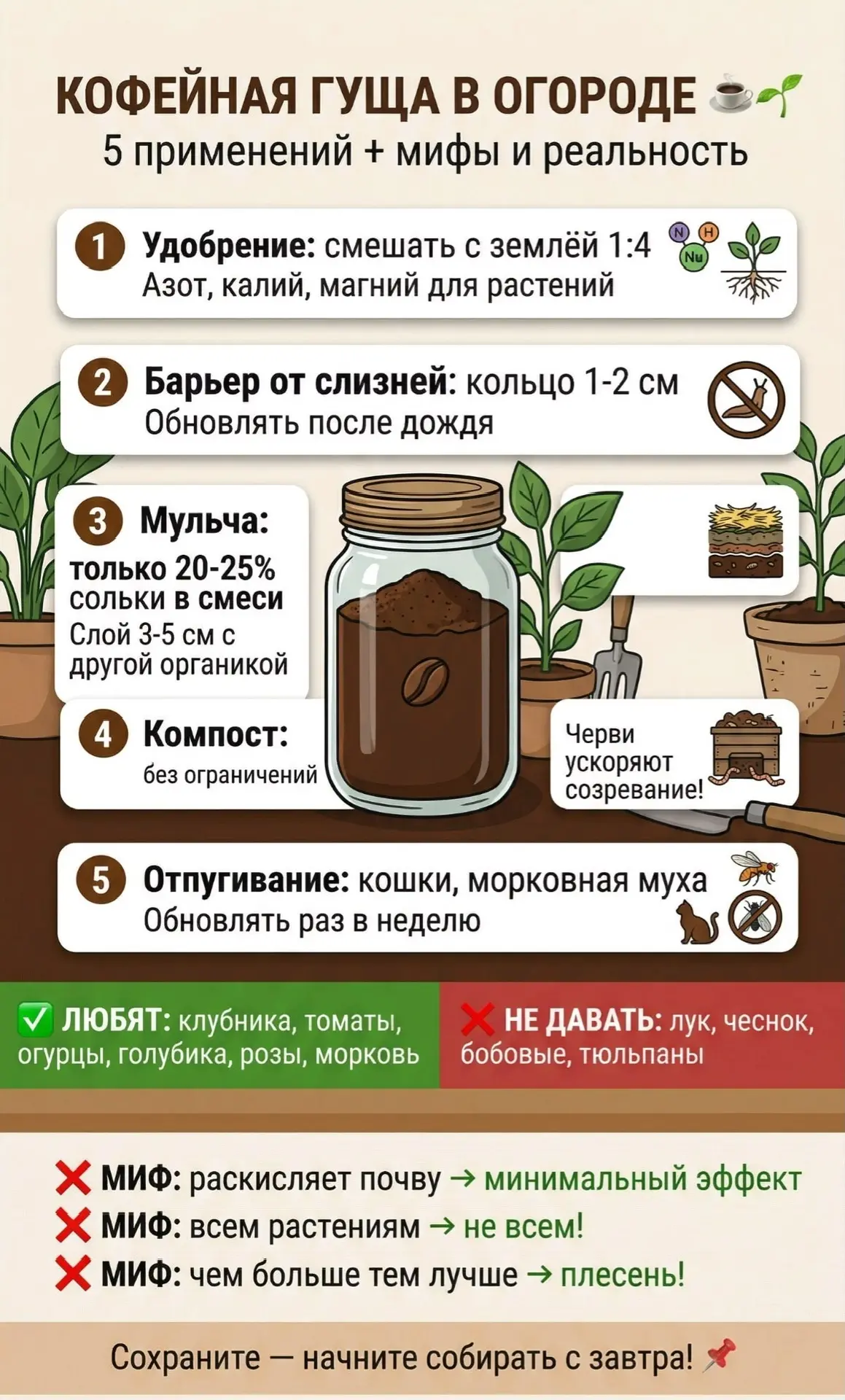 Кофейная гуща в огороде: 5 способов применения ☕️

Не спешите выбрасывать кофейную гущу после завтра
