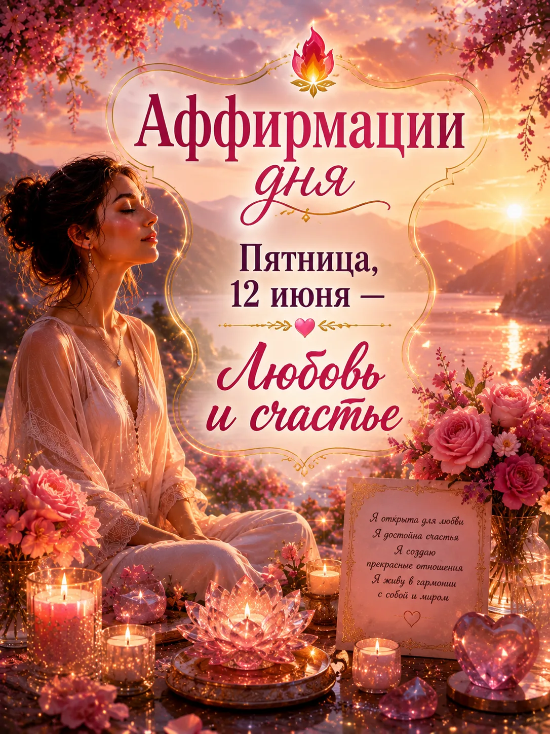 🔥 Аффирмации дня

🌸 Пятница, 12 июня — Любовь и счастье

Я излучаю любовь 💖

Любовь окружает меня