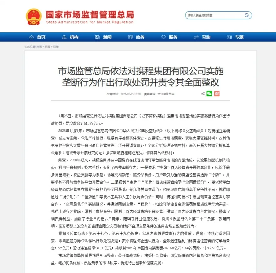 🇨🇳 Власти Китая оштрафовали Trip com на $765 млн, пишет Вloomberg. Госуправление по регулированию 