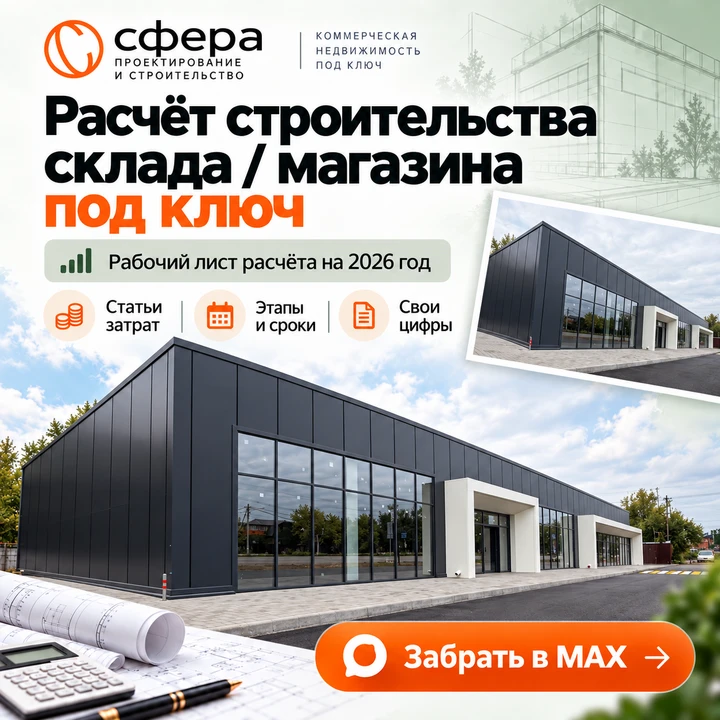 Расчет строительства склада /  магазин под ключ в 2026 году.