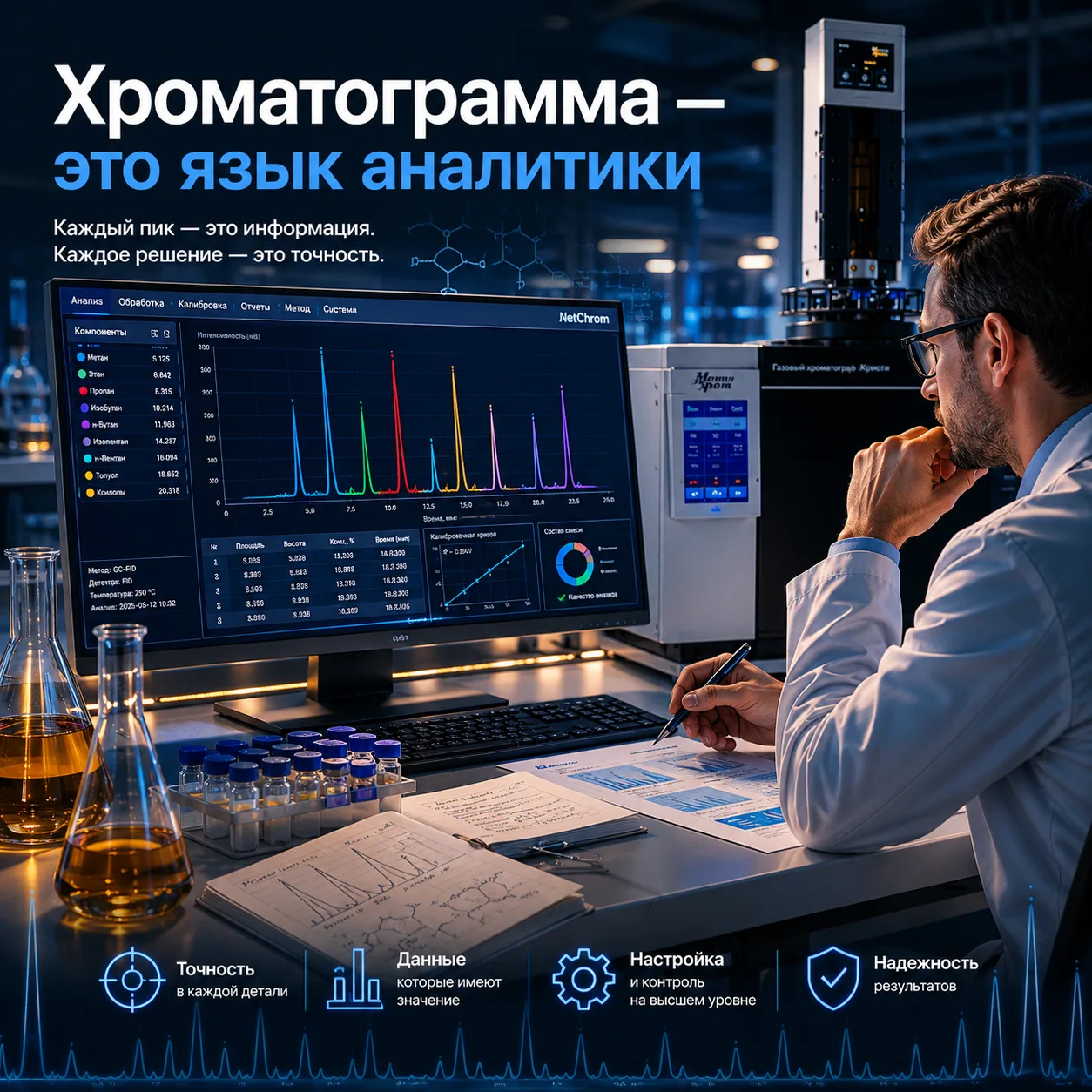 Что на самом деле видит инженер на хроматограмме (кроме пиков)

Для непосвящённого хроматограмма – э