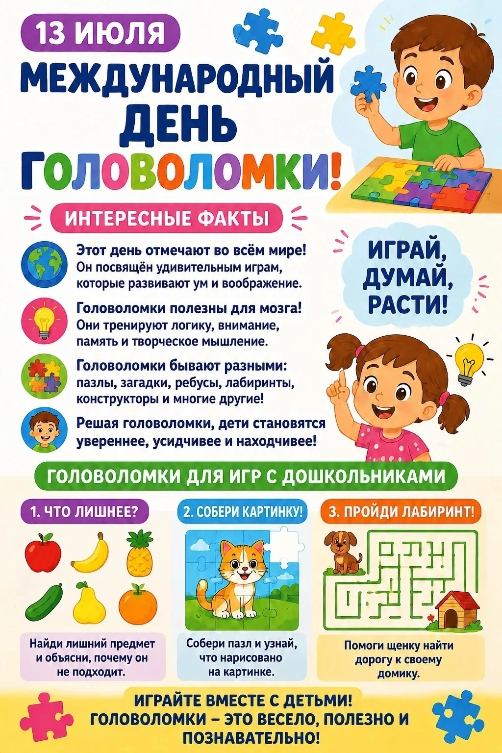 🧩 Международный день головоломки — 13 июля

Сегодня, 13 июля, отмечается Международный день головол