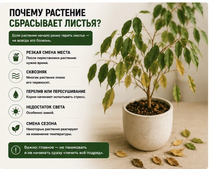Почему растение сбрасывает листья

Если растение начало резко терять листья — не всегда это болезнь.