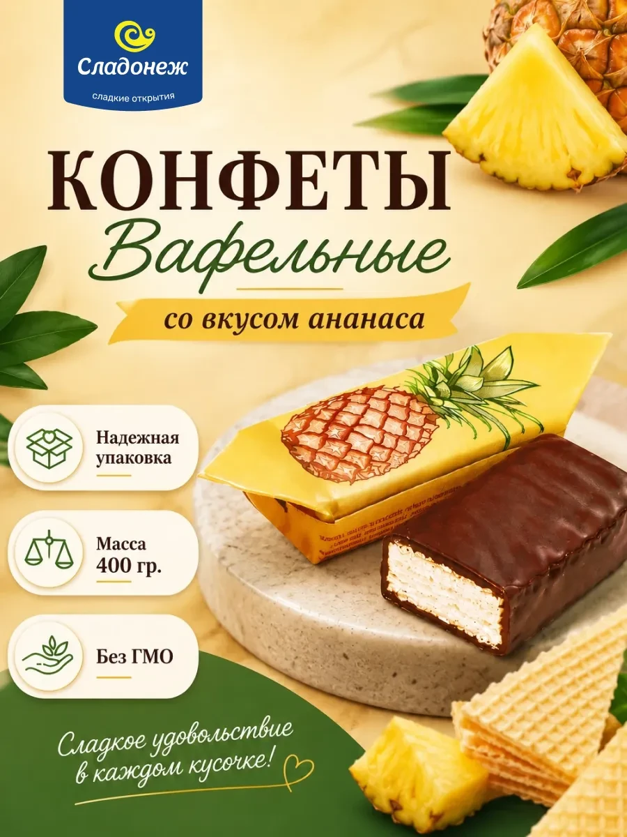 ⚡️ Конфеты вафельные Со вкусом ананаса 400г, Сладонеж