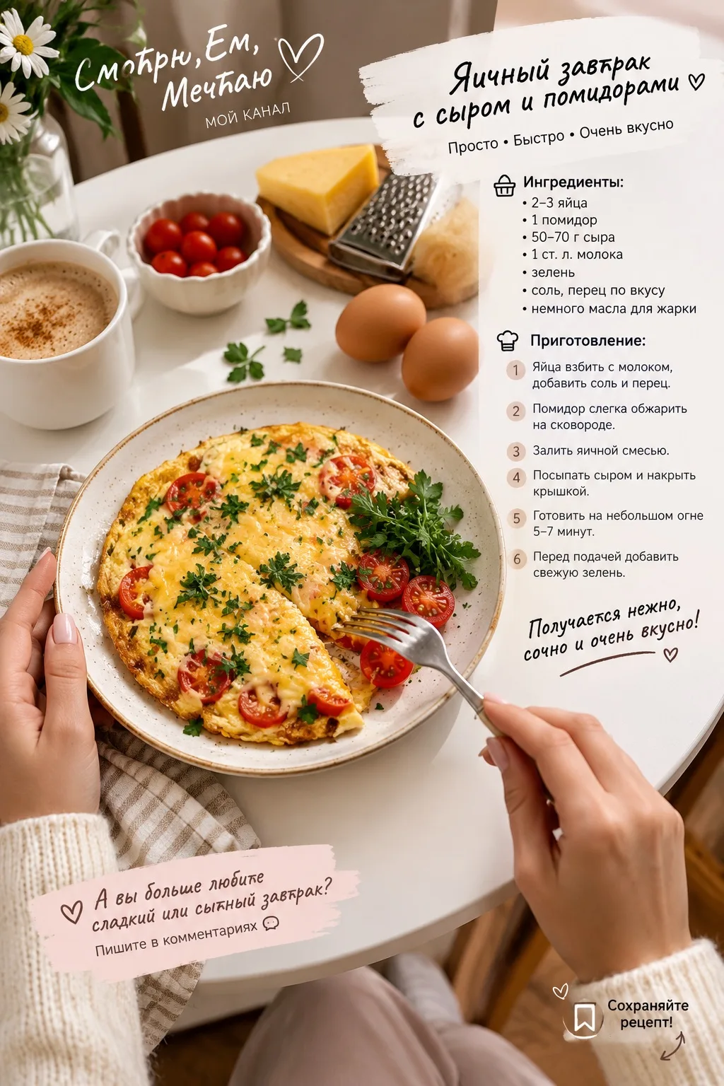 ✨ Яичный завтрак с сыром и помидорами.