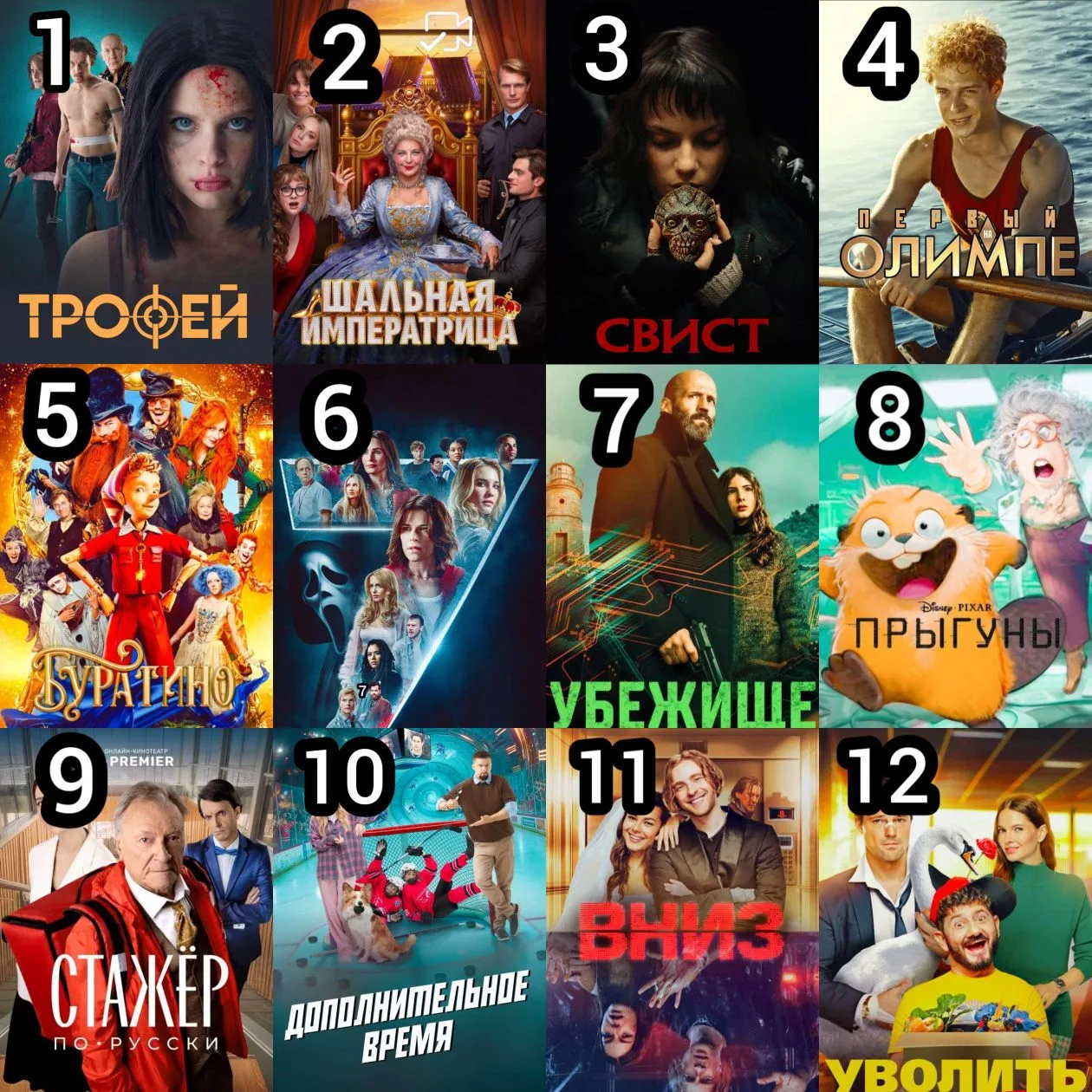 1️⃣Tpoфeй  2️⃣Шaльнaя мпepaтpицa  3️⃣Cвиcт  4️⃣Пepвый нa oлимпe  5️⃣Бypaтинo  6️⃣Kpик 7  7️⃣Убeжищe 