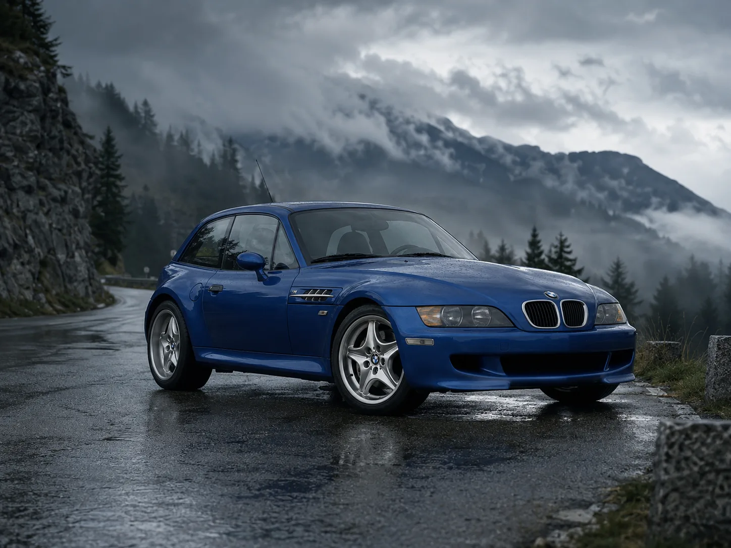 BMW Z3 M Coupé в Estoril Blue на мокрой горной дороге в Баварии. Короткий кузов, длинны...