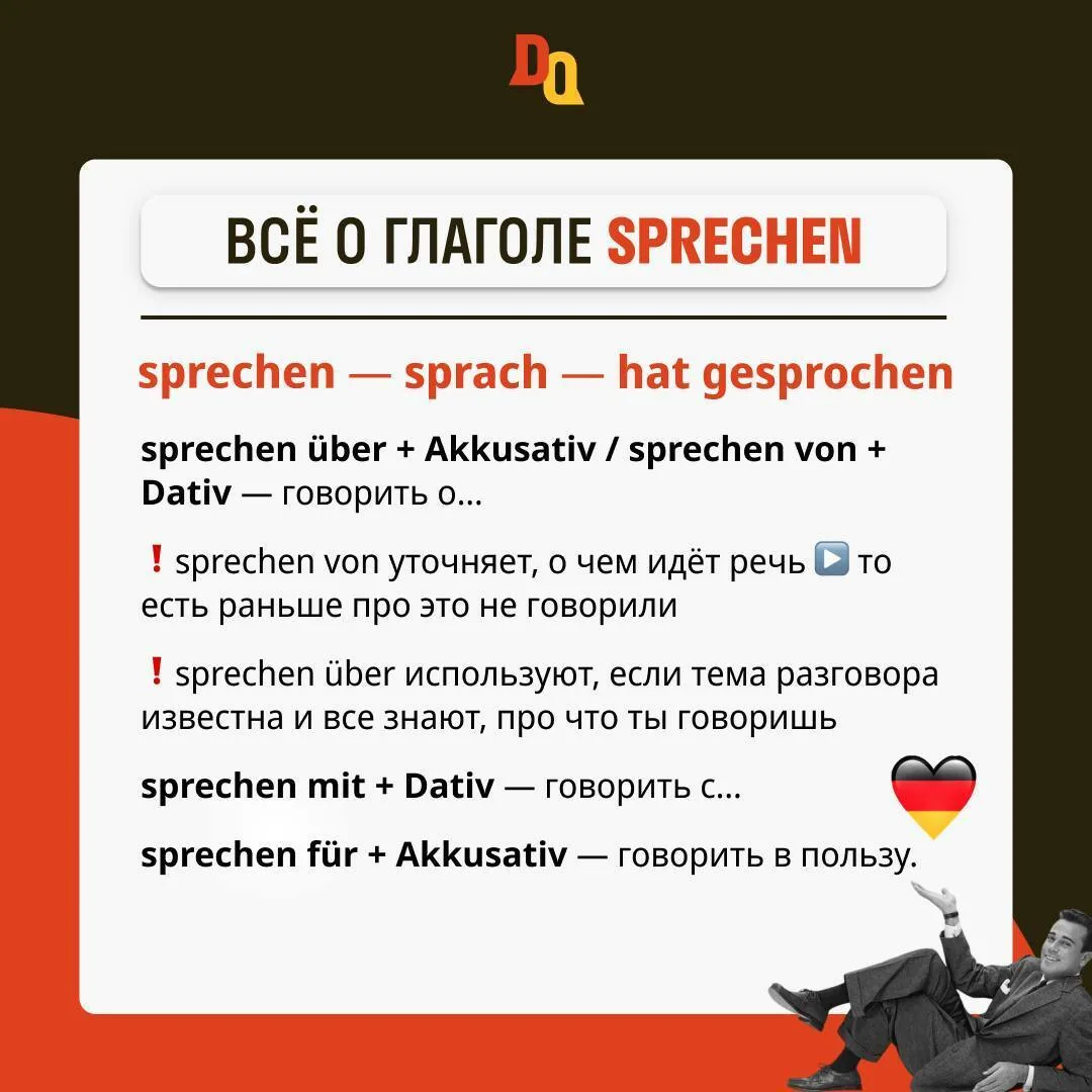 🗣 Sprechen с предлогами  Знакомимся с управлениями одного из самых употребляемых глаголов в немецком