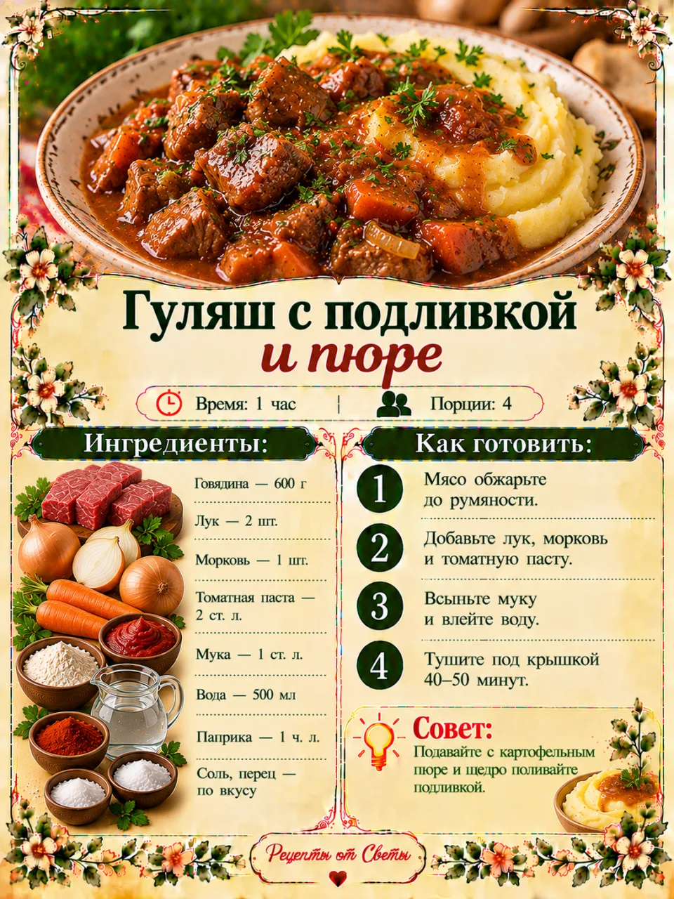 🥩 Гуляш с подливкой и пюре