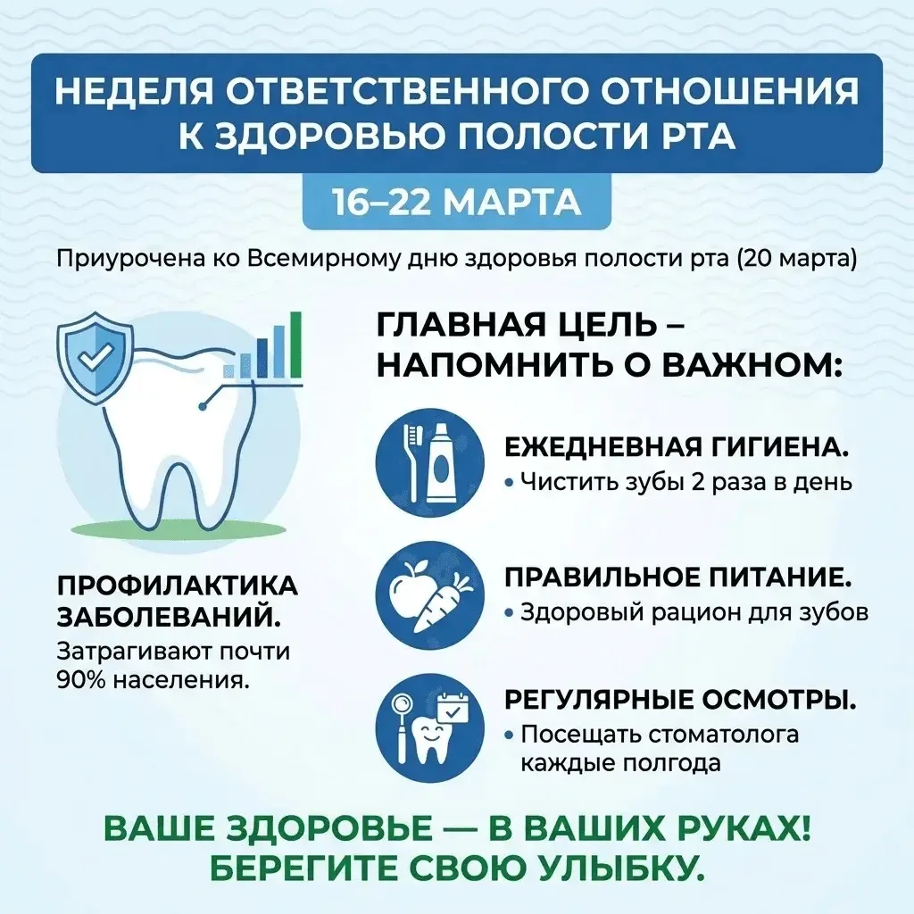 С 16 по 22 марта в России проходит Неделя ответственного отношения к здоровью полости рта  Она приур