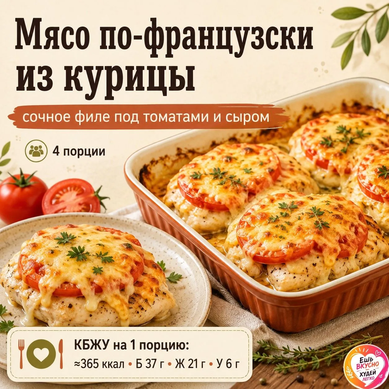 🍗 Мясо по-французски из курицы — сочное филе под томатами и сыром