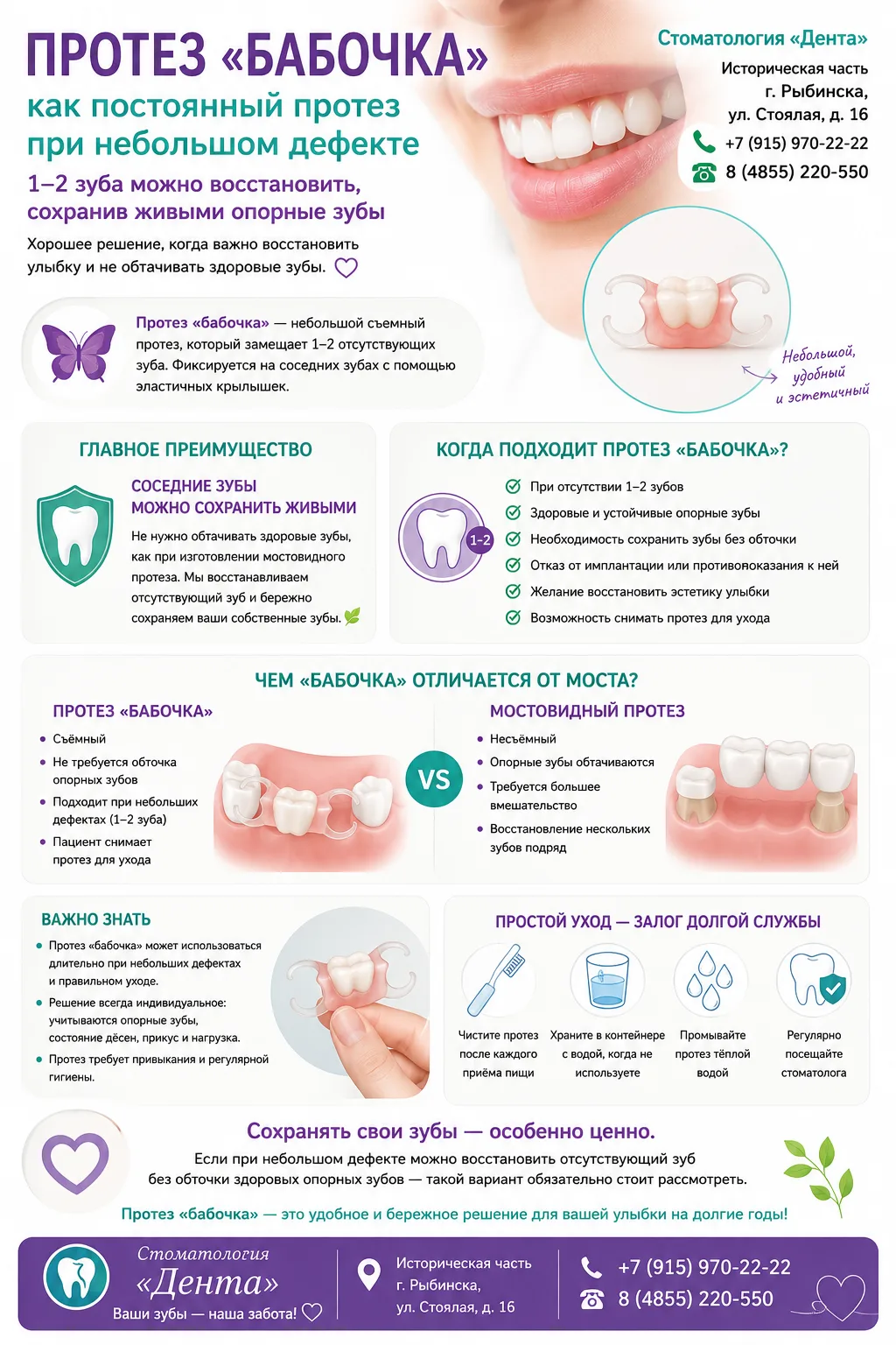🦷 Протез «бабочка» — когда можно восстановить 1–2 зуба без обточки соседних?