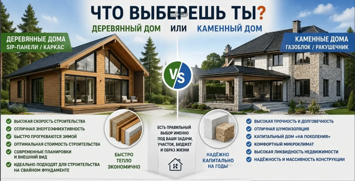 🏡 Что выберешь ты: деревянный дом или каменный? 👇