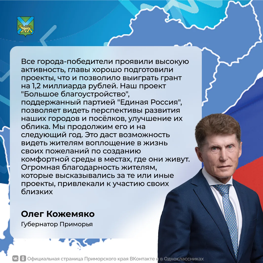 Губернатор Приморья поздравил муниципалитеты – победителей Всероссийского конкурса благ...