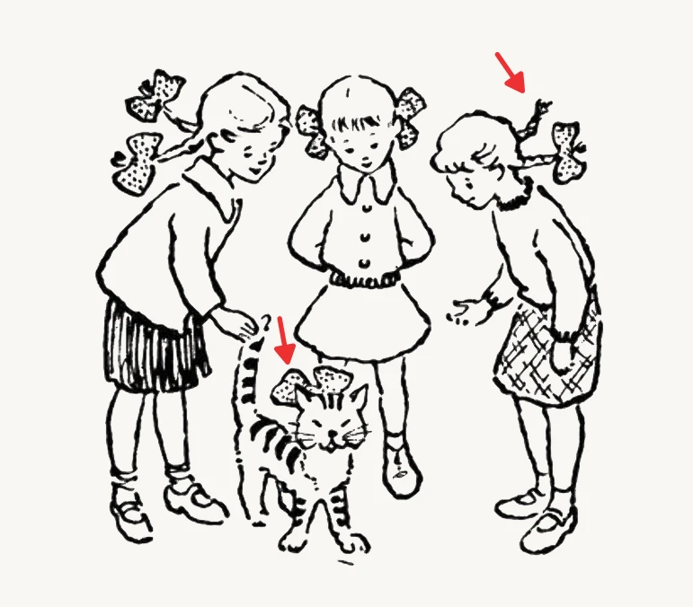 ✅️Внимание, правильный ответ!

Все дело в аксессуарах! Хозяйка кота — девочка справа, поскольку у не