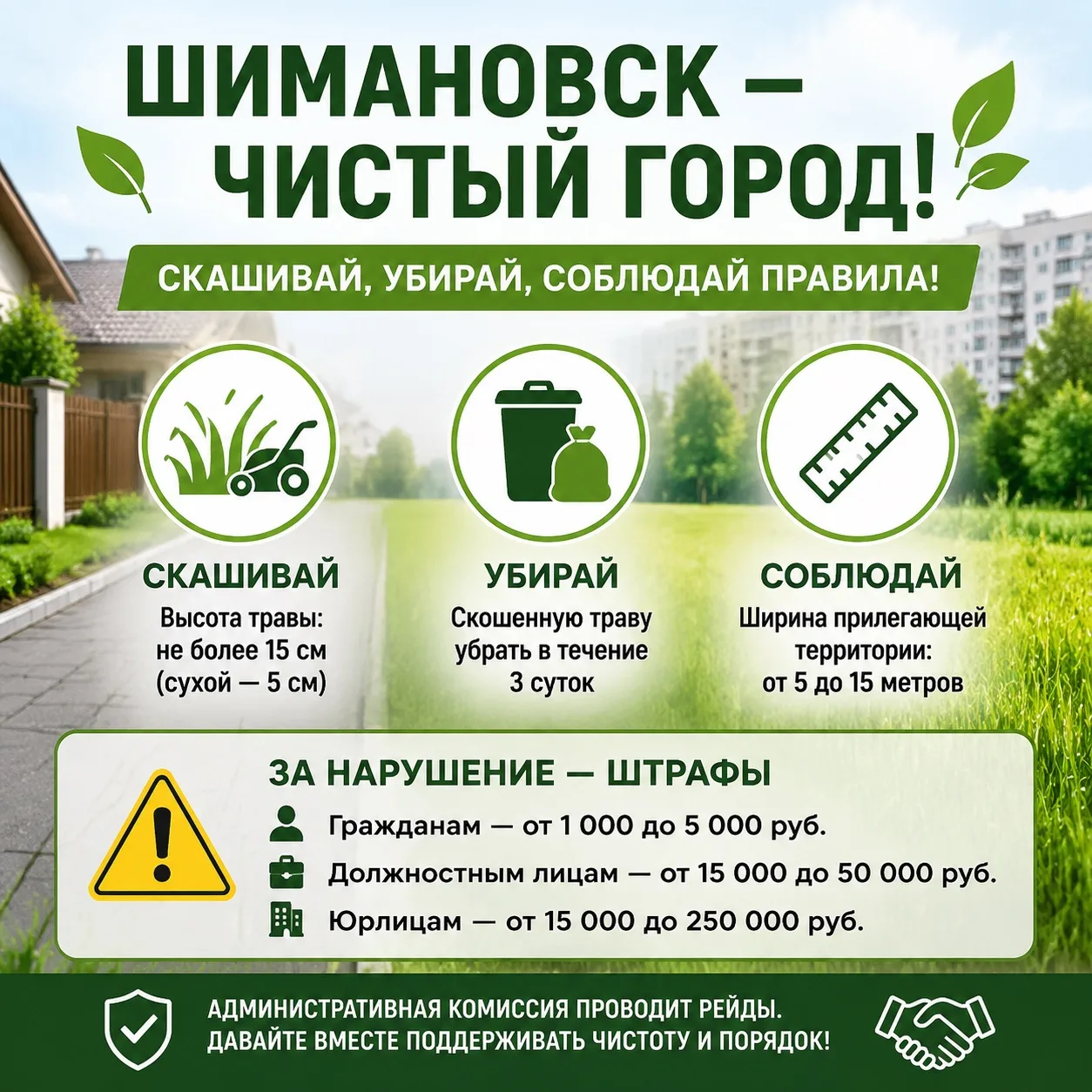 🌿 Внимание, жители Шимановска! 

Наступила пора активного роста травы — администрация города напоми