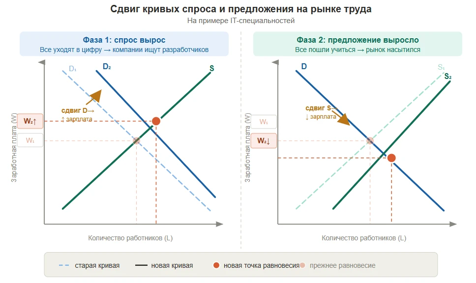 Сдвиг спроса и предложения на рынке труда на примере ИТ

💻 Давайте разберём одну историю, которую м