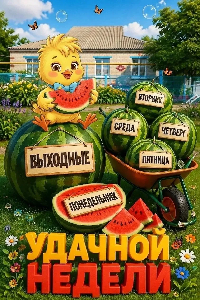 🍉 С началом недели, друзья! 🍉Сегодня — День арбуза, и наш птенчик Пушок спешит расска...