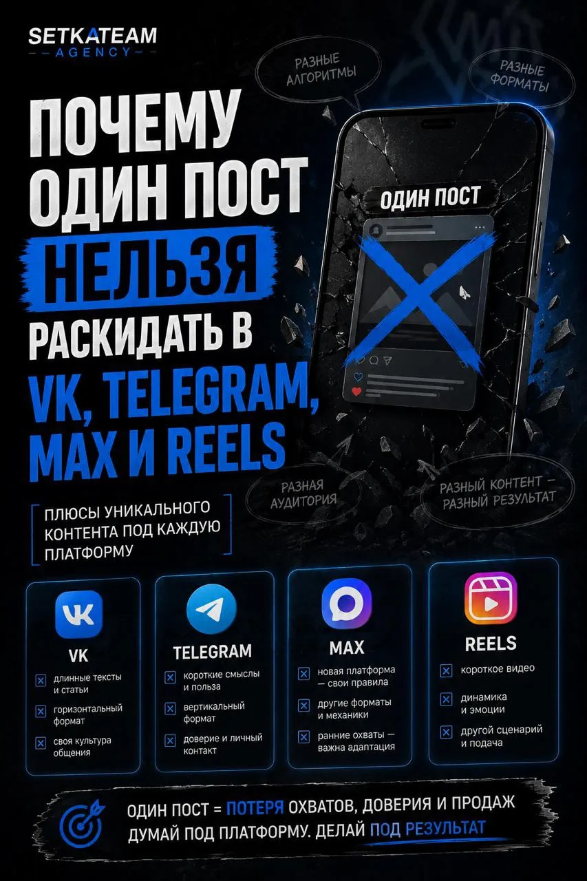 Почему один пост нельзя раскидать в VK, Telegram, MAX и Reels

🗣Одна из самых частых ошибок новичка