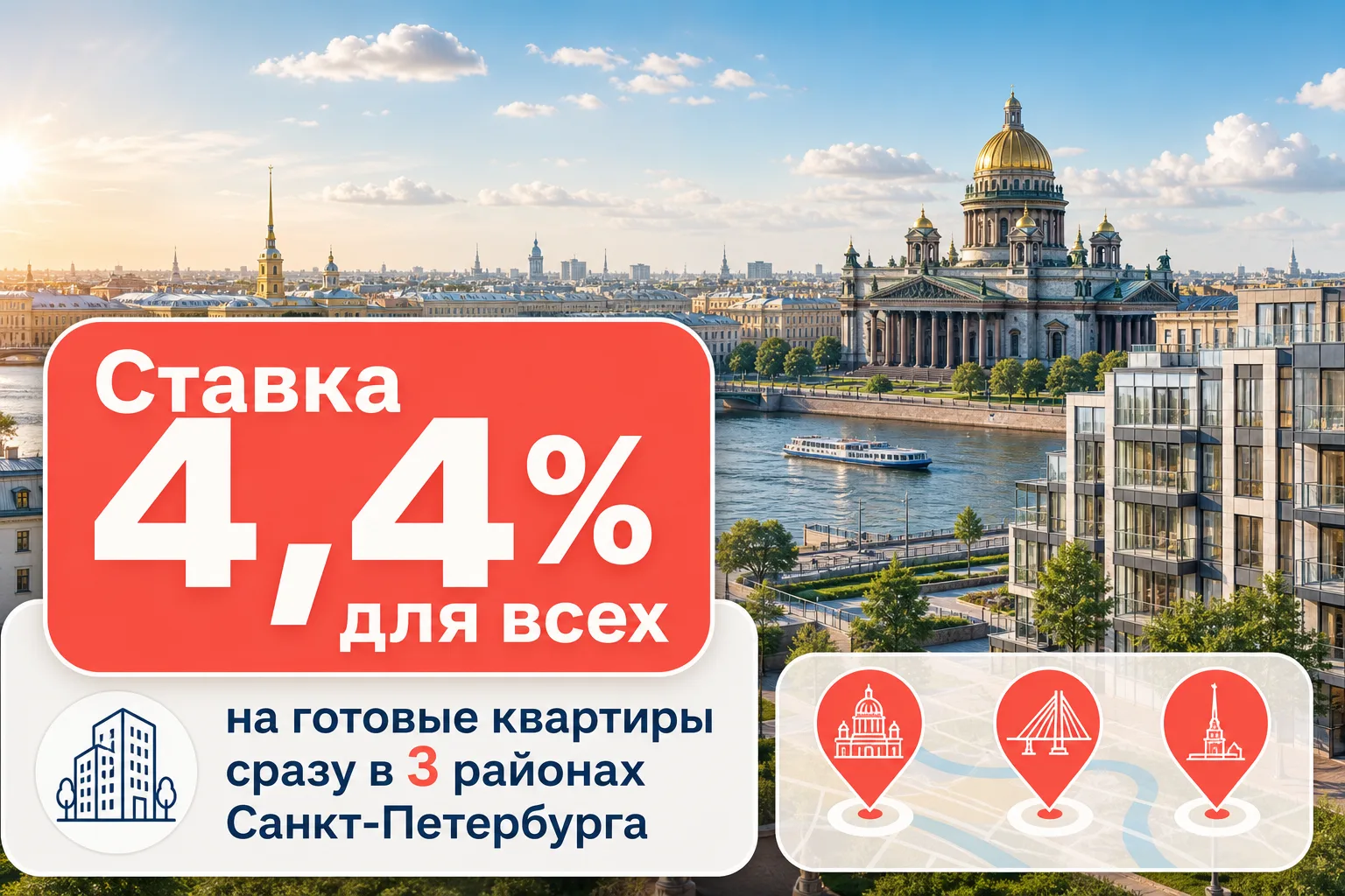 Ставка 4,4% для всех на готовые квартиры сразу в 3 районах Санкт-Петербурга
