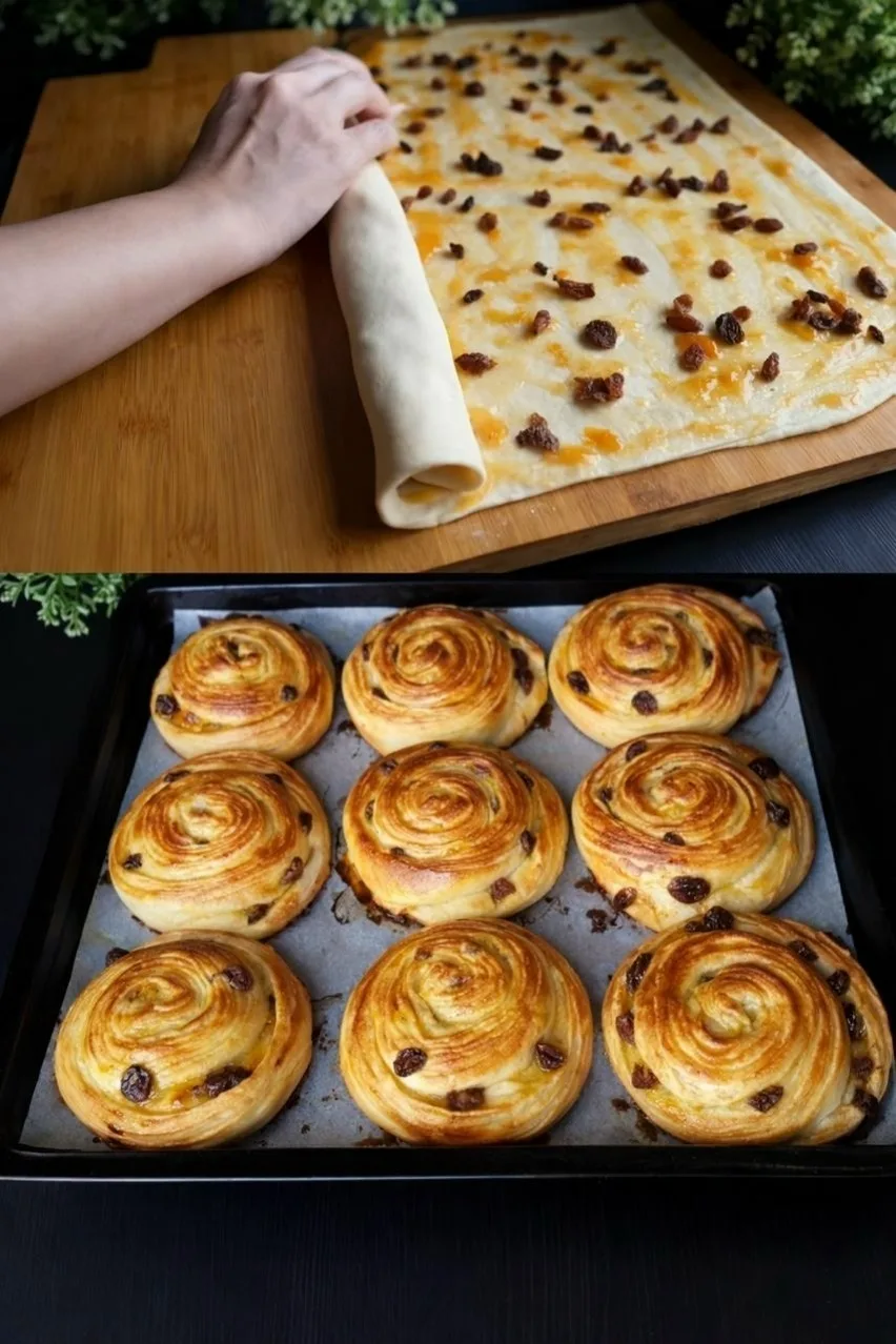 Воздушные слоёные булочки с абрикосовым джемом и изюмом