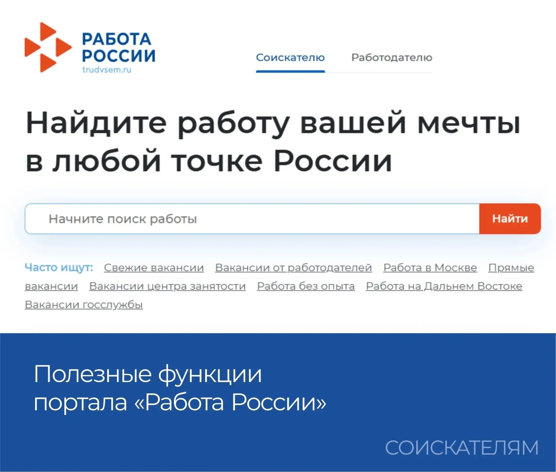 📍Напомним Вам о полезных функциях портала «Работа России» (trudvsem.ru/)! 
 
✔ Найти вакансию — [ко