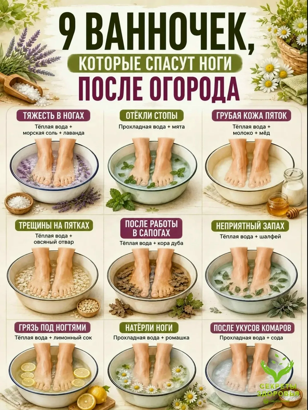 После работы в огороде ноги устают не меньше, чем спина и руки.