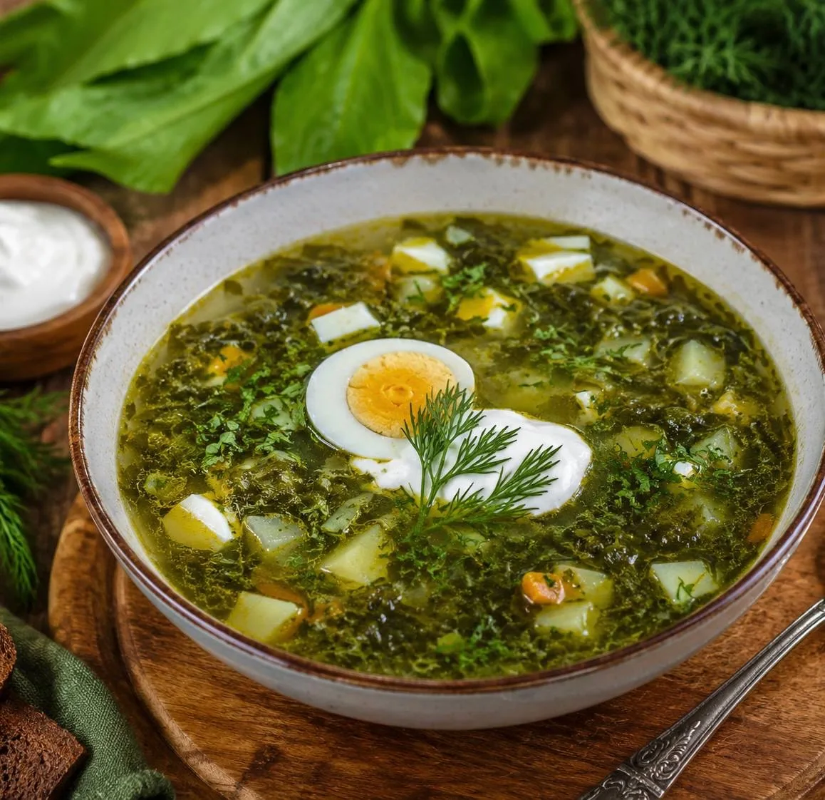 Зеленый борщ с щавелем и яйцом.

Этот борщ — настоящий вкус лета! Легкий, ароматный, с приятной кисл
