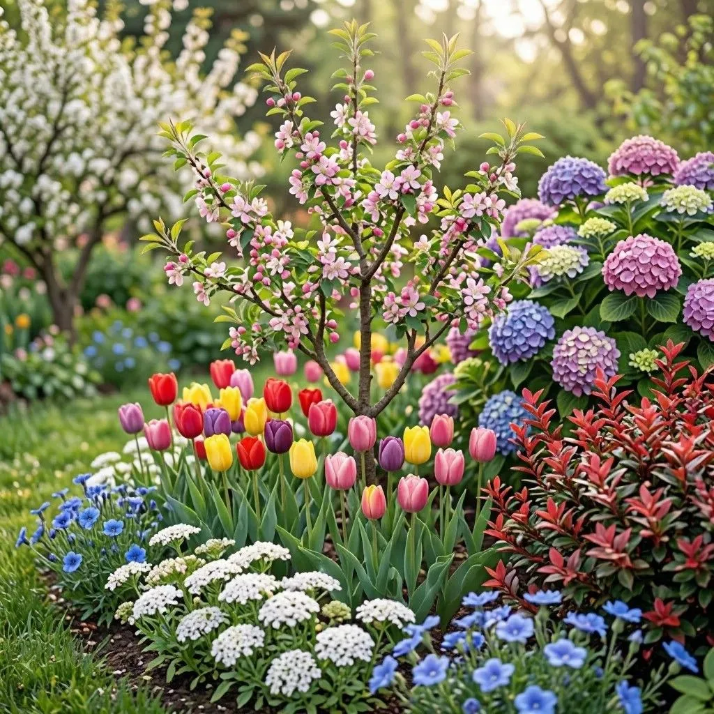 Моя весенняя клумба у яблони: строю композицию по слоям! 🌸Сначала у самого ствола — не...