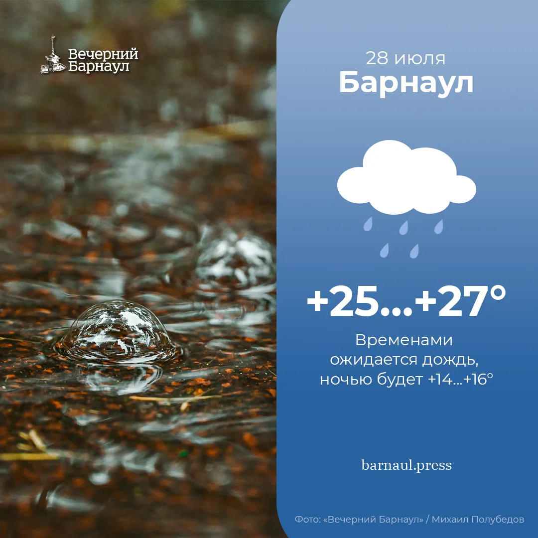 28 июля в Барнауле прогнозируется дождь.
