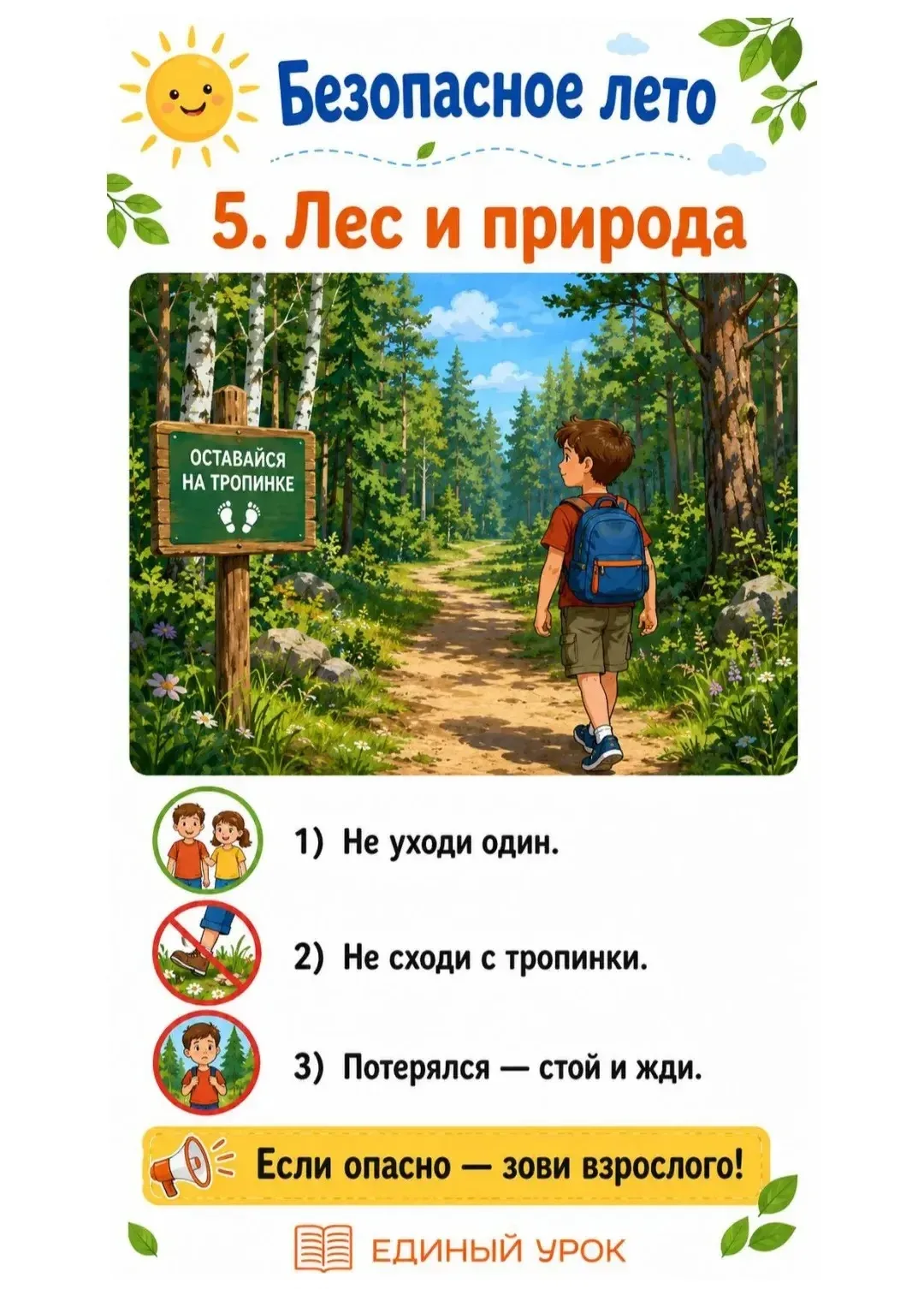 Эти памятки — для ребят 7–11 лет. Самые главные правила: вода, солнце, лес, дорога, велосипед, незна
