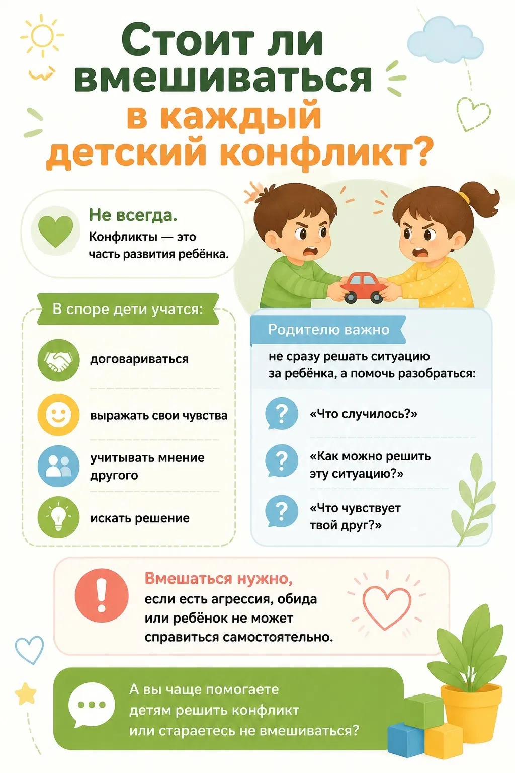 🤝 Стоит ли вмешиваться в каждый детский конфликт?

Не всегда. Конфликты — это часть развития ребёнк