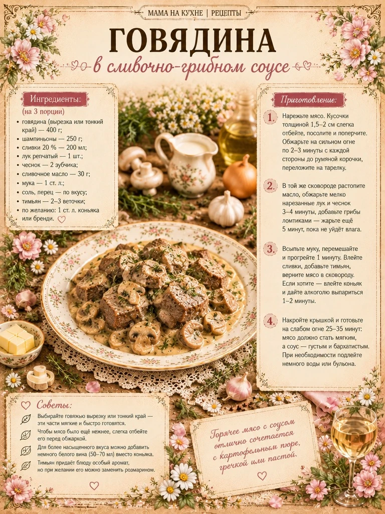 🌸 Говядина в сливочно-грибном соусе 🌸