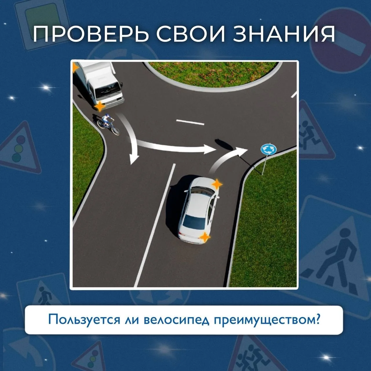 ✨Проверьте свои знания правил дорожного движения!✨

🤔 Пользуется ли велосипедист преимуществом в да