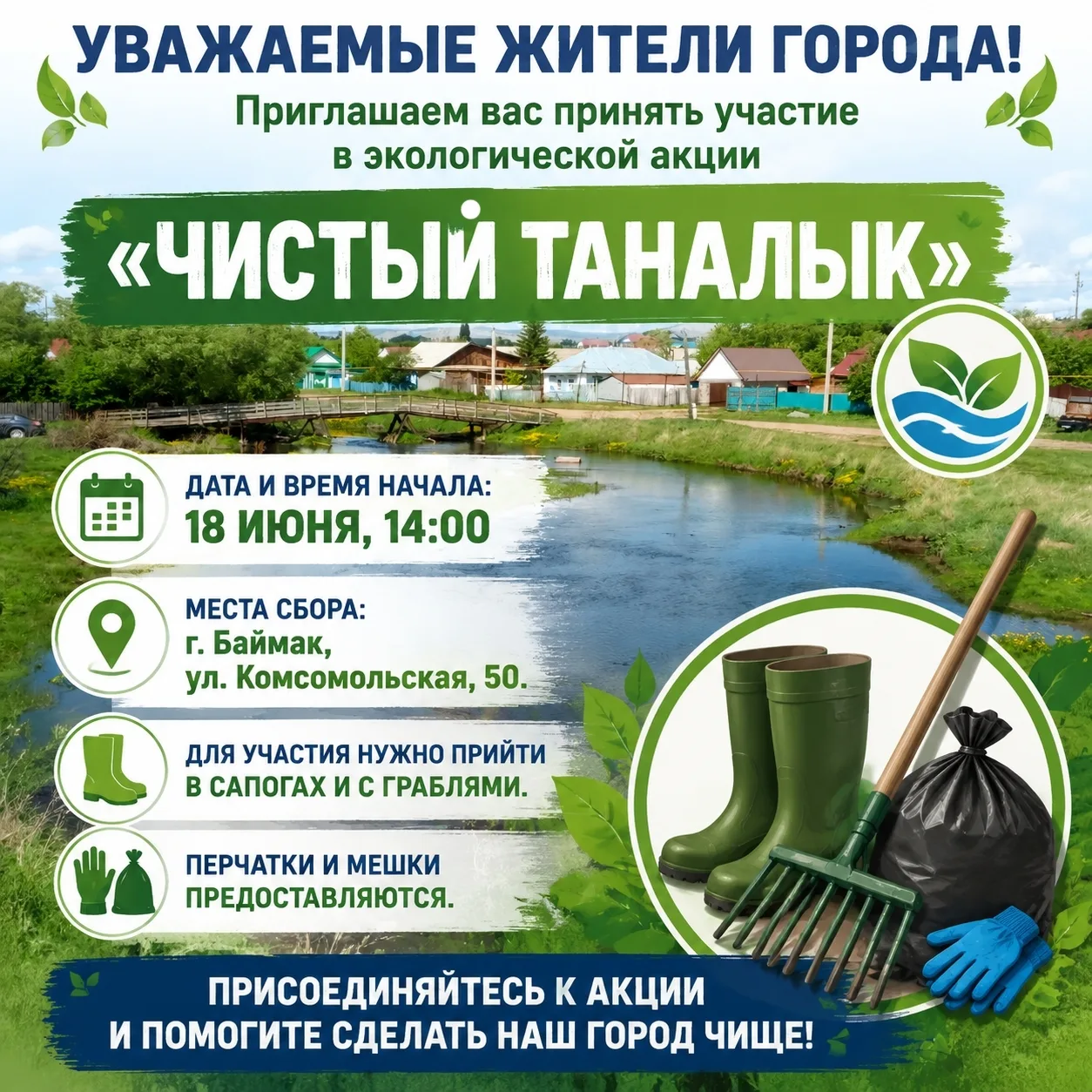 Уважаемые жители города! 
Приглашаем вас принять участие в экологической акции «Чистый Таналык». 
Да