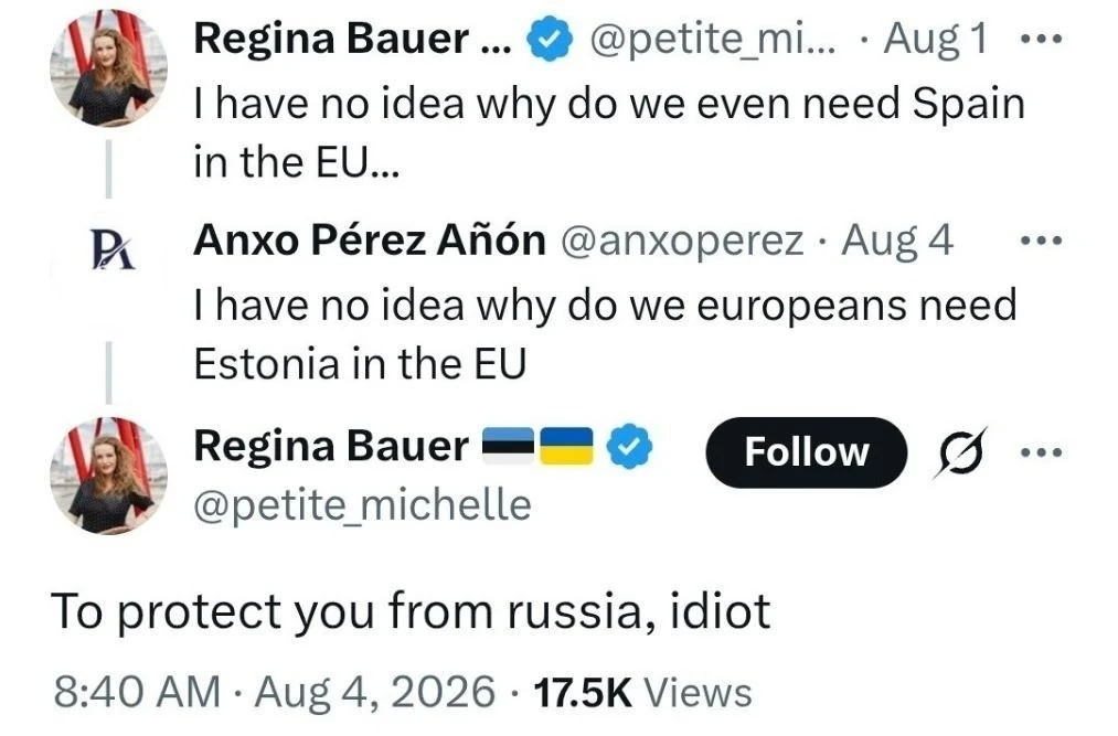 🇪🇪Некая Регина из Эстоооонии пишет: Ума не приложу, зачем нам в Евросоюзе Испания

🇪🇸Отвечает ис