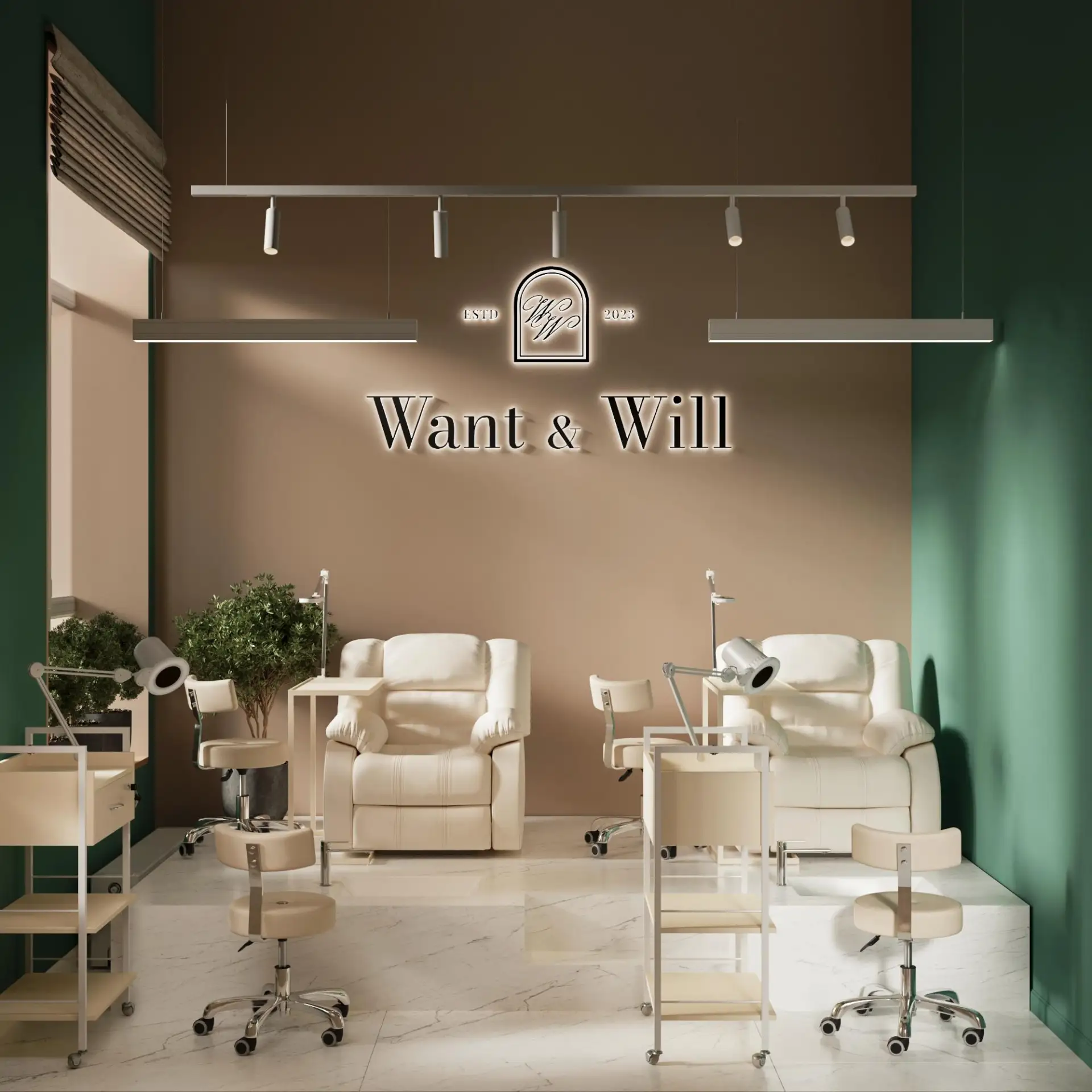 Кейс. Пост портфолио дизайн-проект «Салон красоты Want&Will, 89 м². Москва, Ореховый бу...