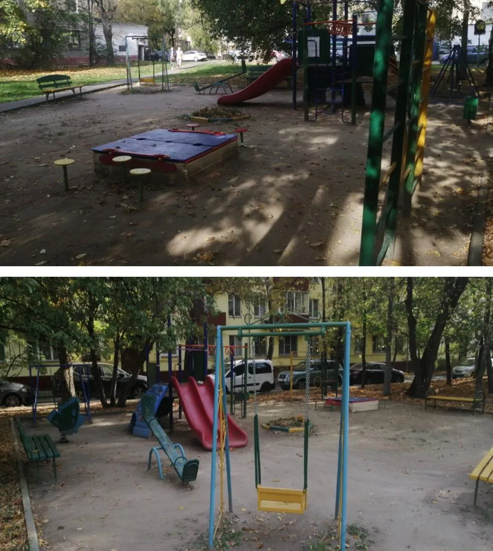 На 2-й Владимирской, 32к1, завершили обновление детской площадки. На фото — было и стал...