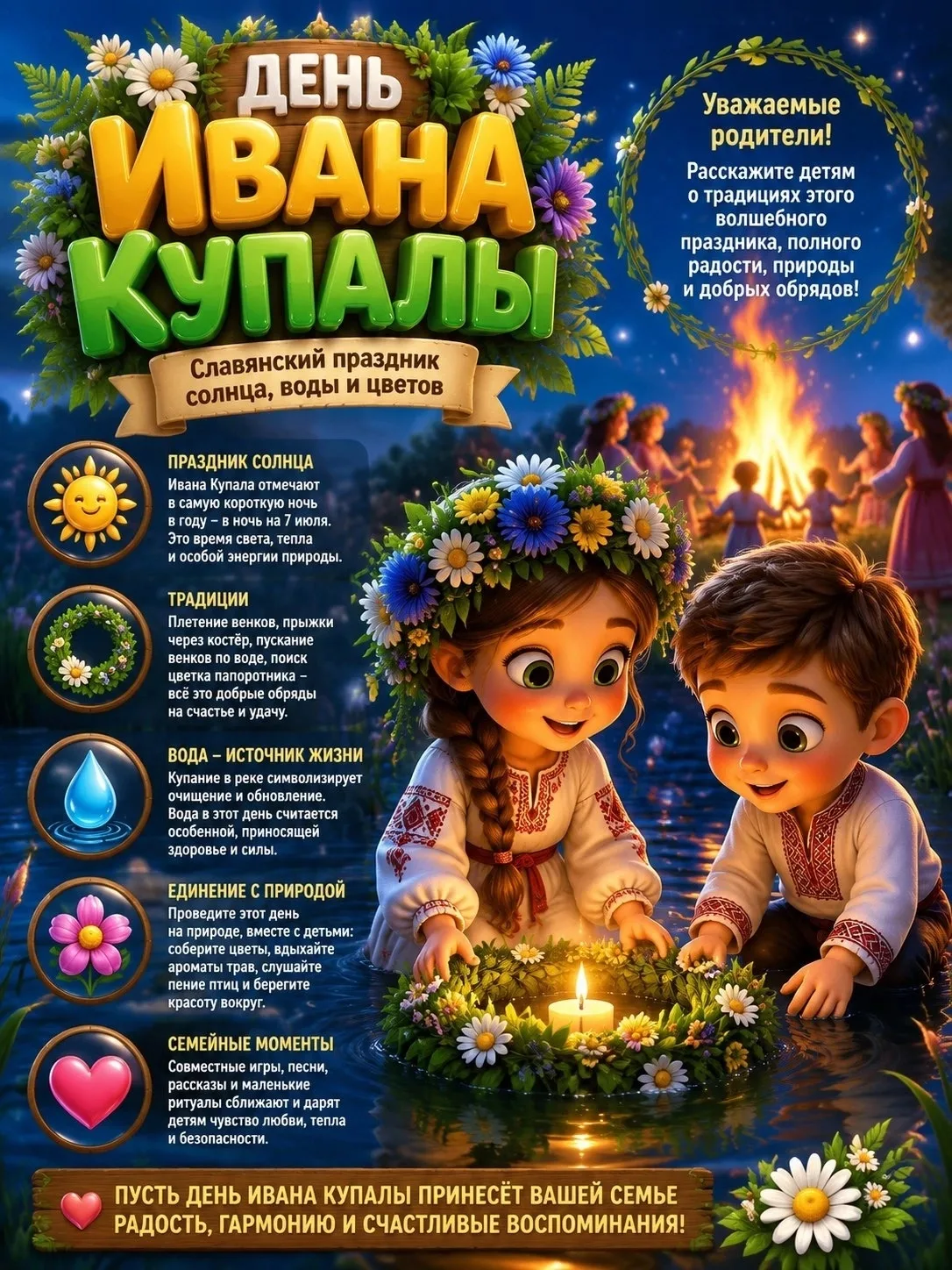 Иван Купала — это веселый народный праздник лета. Отмечают его 7 июля. Он посвящен двум главным сила