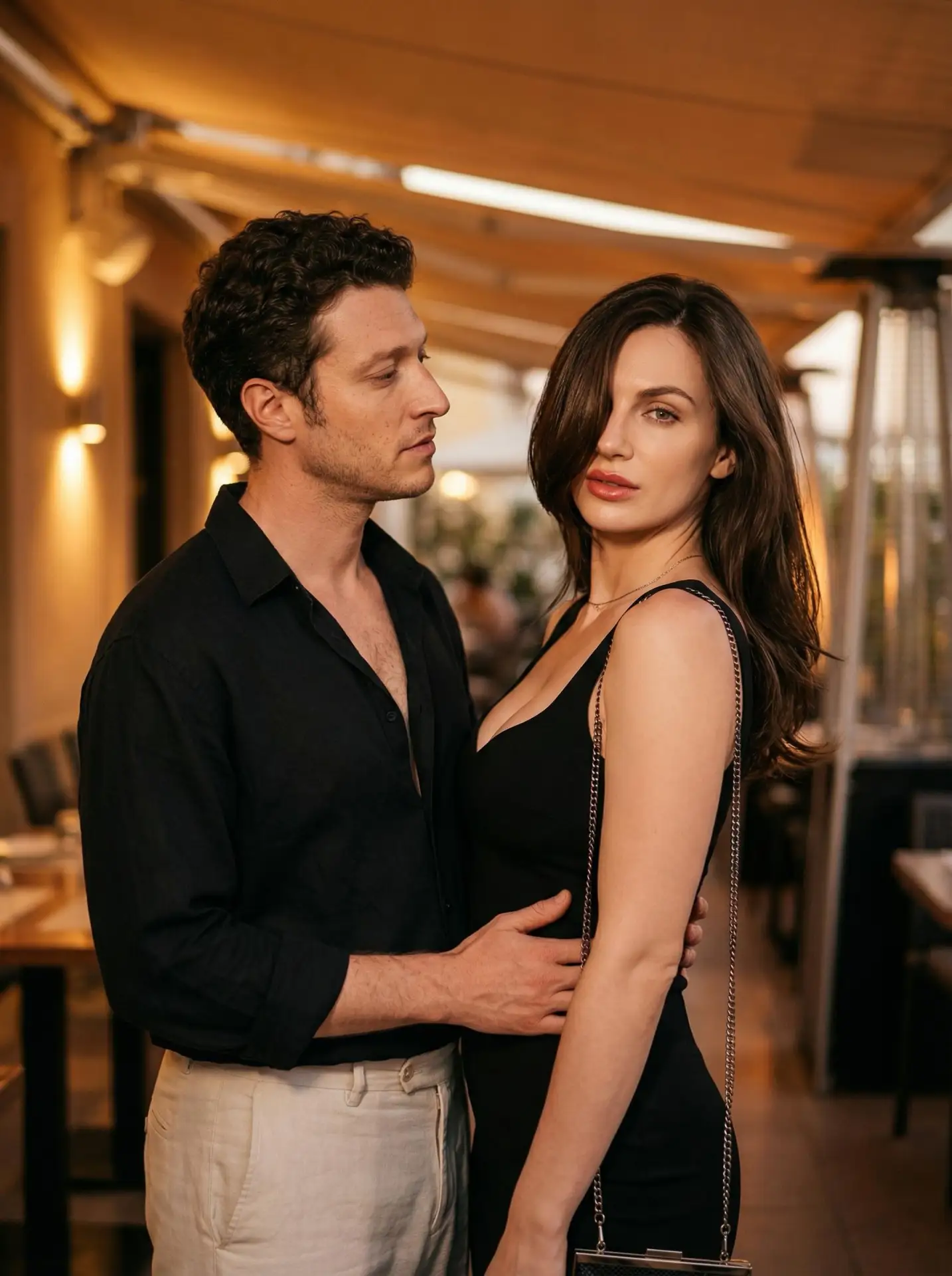 🖼 Couple stands close together in an evening setting