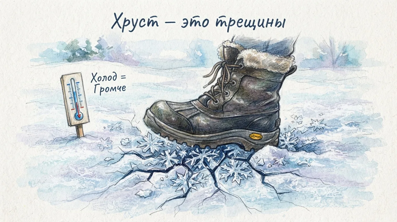 Снег скрипит, потому что ломаются маленькие кристаллики льда. Чем холоднее, тем громче ...