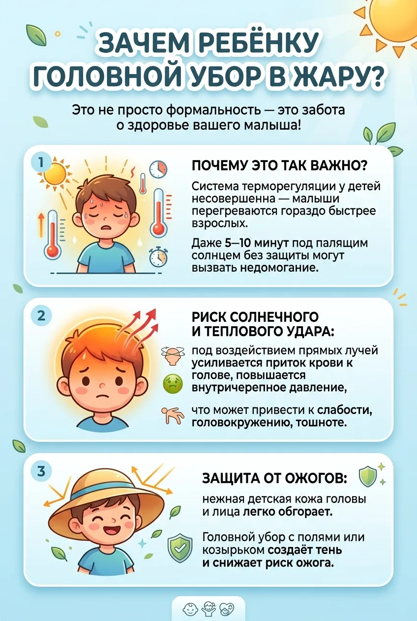 👶🏻 Безопасность детства – забота взрослых!

Зачем ребенку головной убор в жару? Это не просто форм