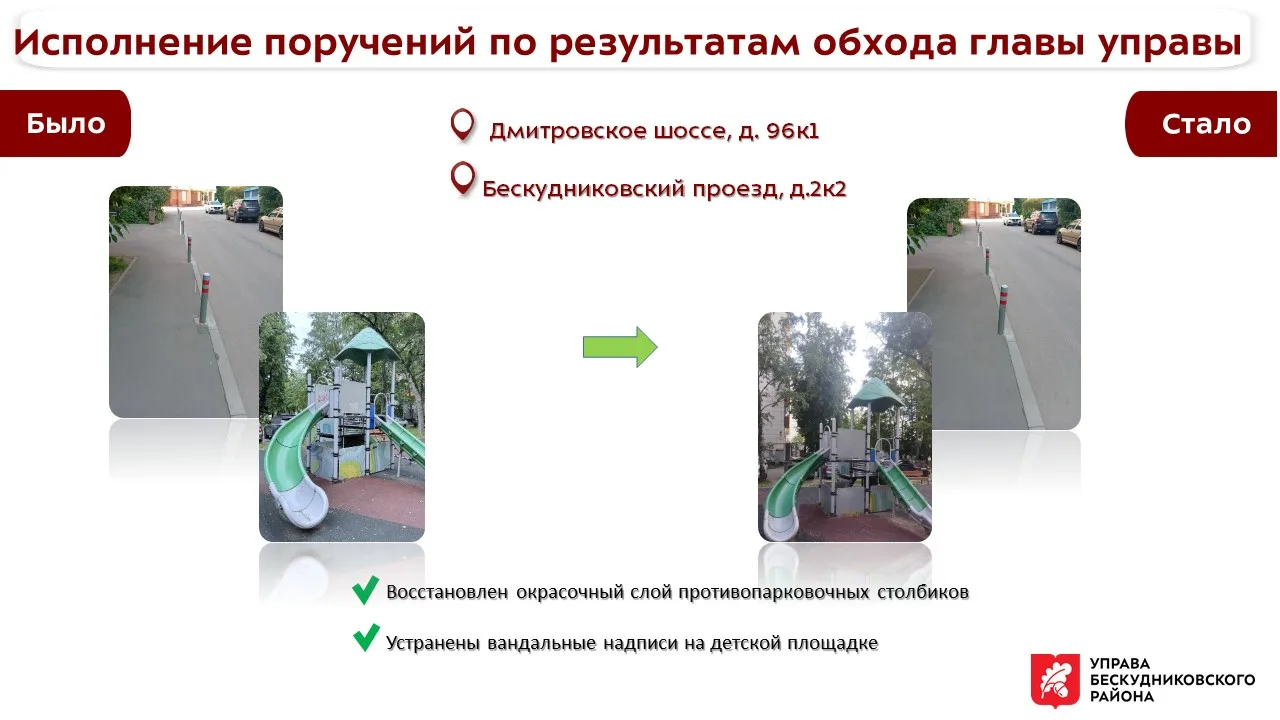 Исполнение поручений по результатам обхода

30 мая глава управы Бескудниковского района Михеев Дании