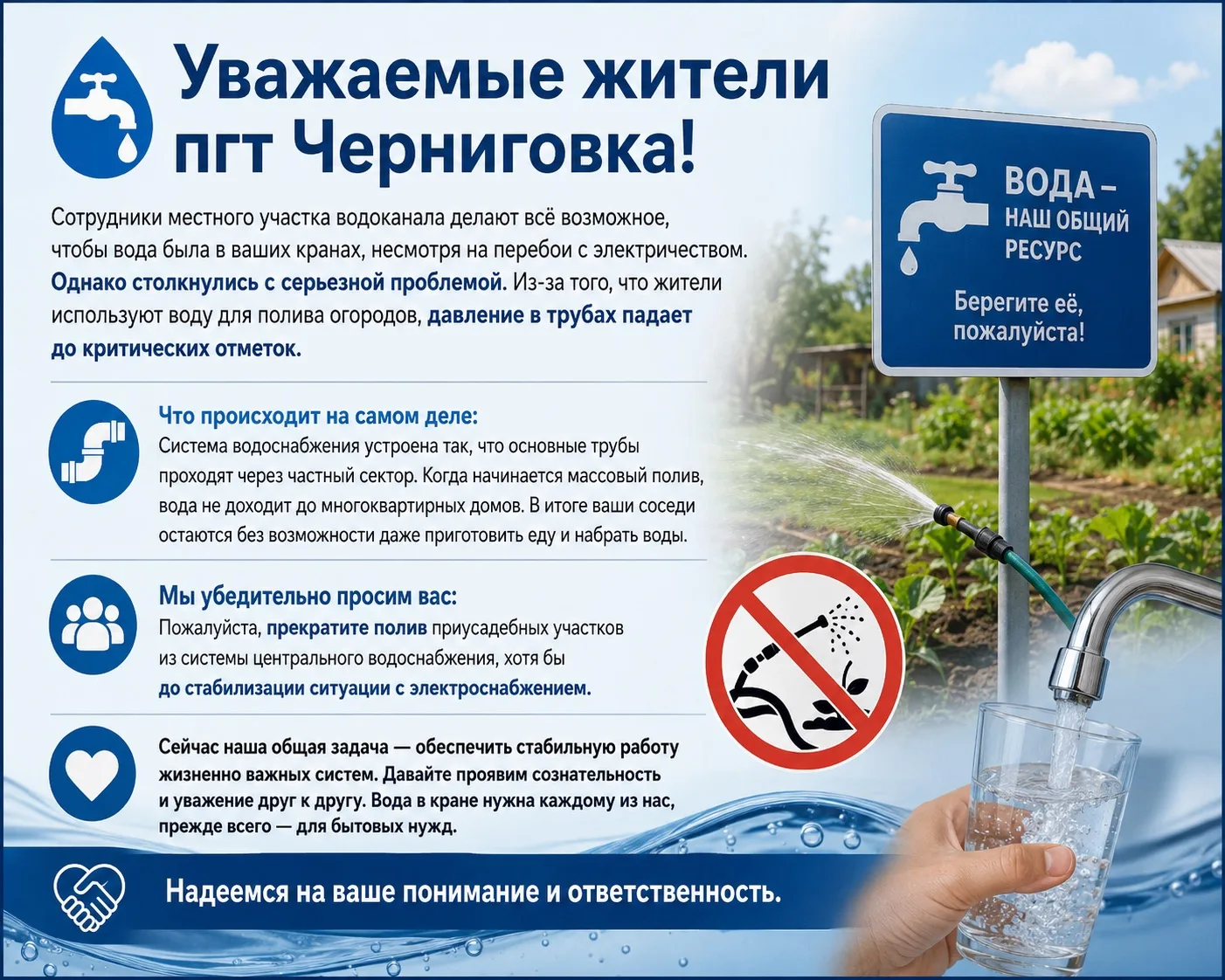 Уважаемые жители пгт Черниговка!

Сотрудники местного участка водоканала делают всё возможное, чтобы