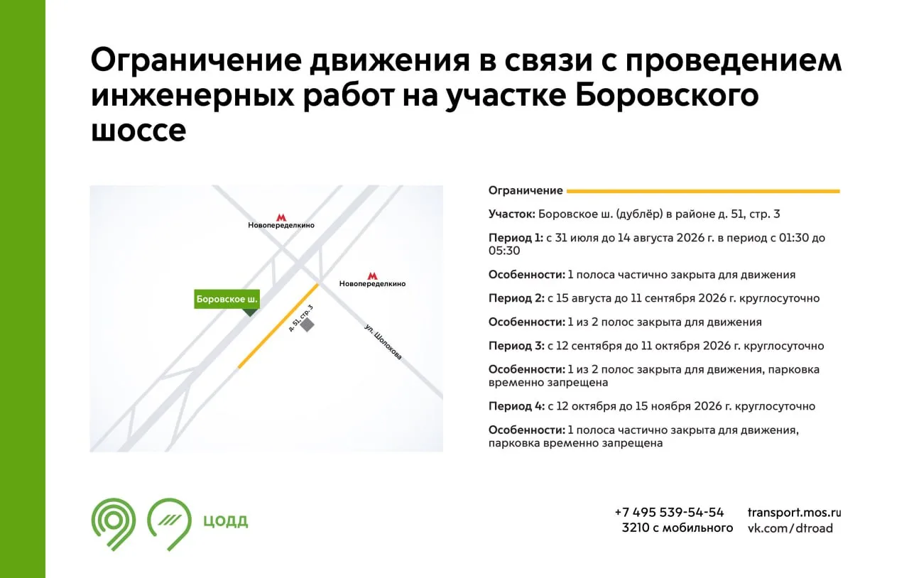 ❌ С 31 июля до 15 ноября на участке дублёра Боровского шоссе будет недоступна для движения 1 полоса.